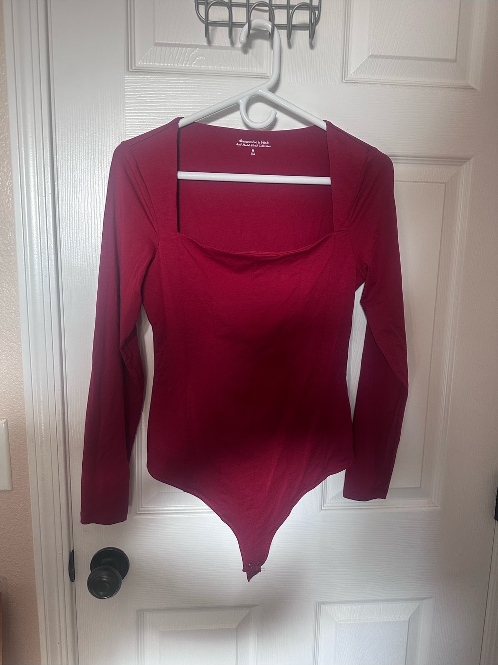 Abercrombie & Fitch Women's Long-Sleeve Burgundy Square-Neck Bodysuit